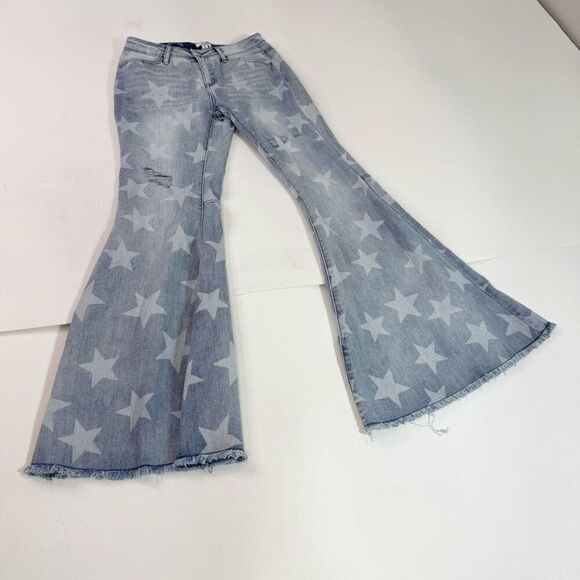 Easel Jeans Womens Large Star Distressed Light Wash Flare Bell Bottom Hippie - Picture 1 of 10